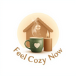 Green mug with heart and lit candle in front of a house-shaped light, with 'Feel Cozy Now' text.