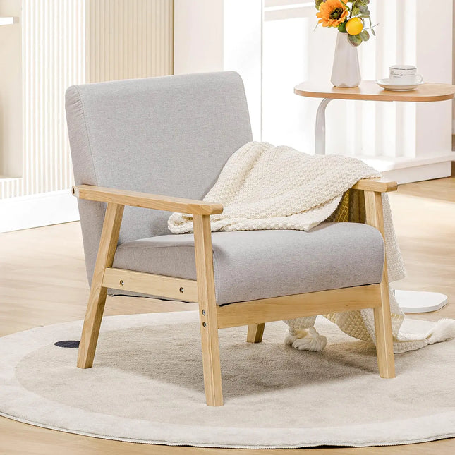 COMHOMA Mid-Century Modern Accent Chair | Upholstered Linen Armchair with Solid Wood Frame (Grey)