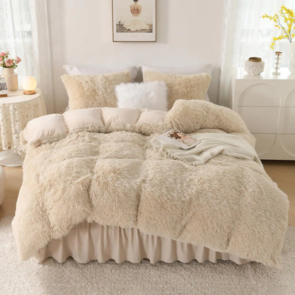 Litanika Luxury Faux Fur Comforter Set (Queen) | Ultra-Soft Velvet Shaggy Plush Bedding