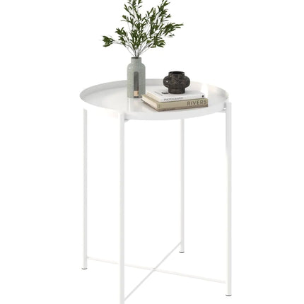 URBANCOZ Modern Round Metal Side Table | Indoor/Outdoor Removable Tray End Table (White)