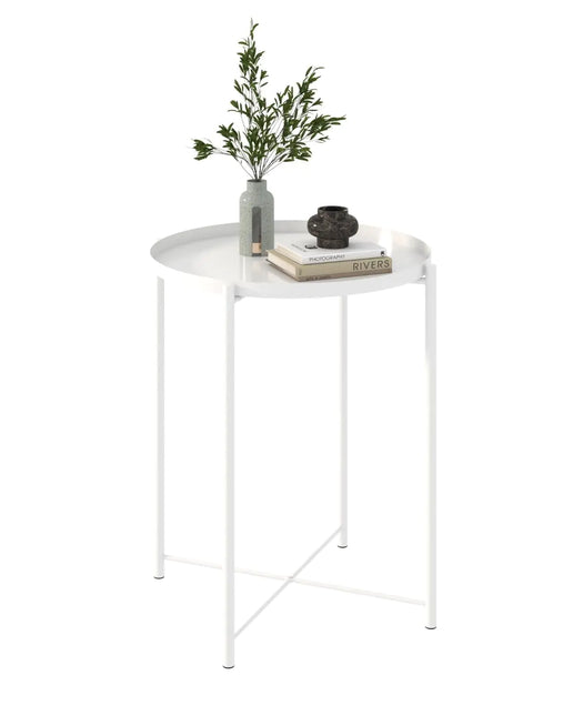 URBANCOZ Modern Round Metal Side Table | Indoor/Outdoor Removable Tray End Table (White)